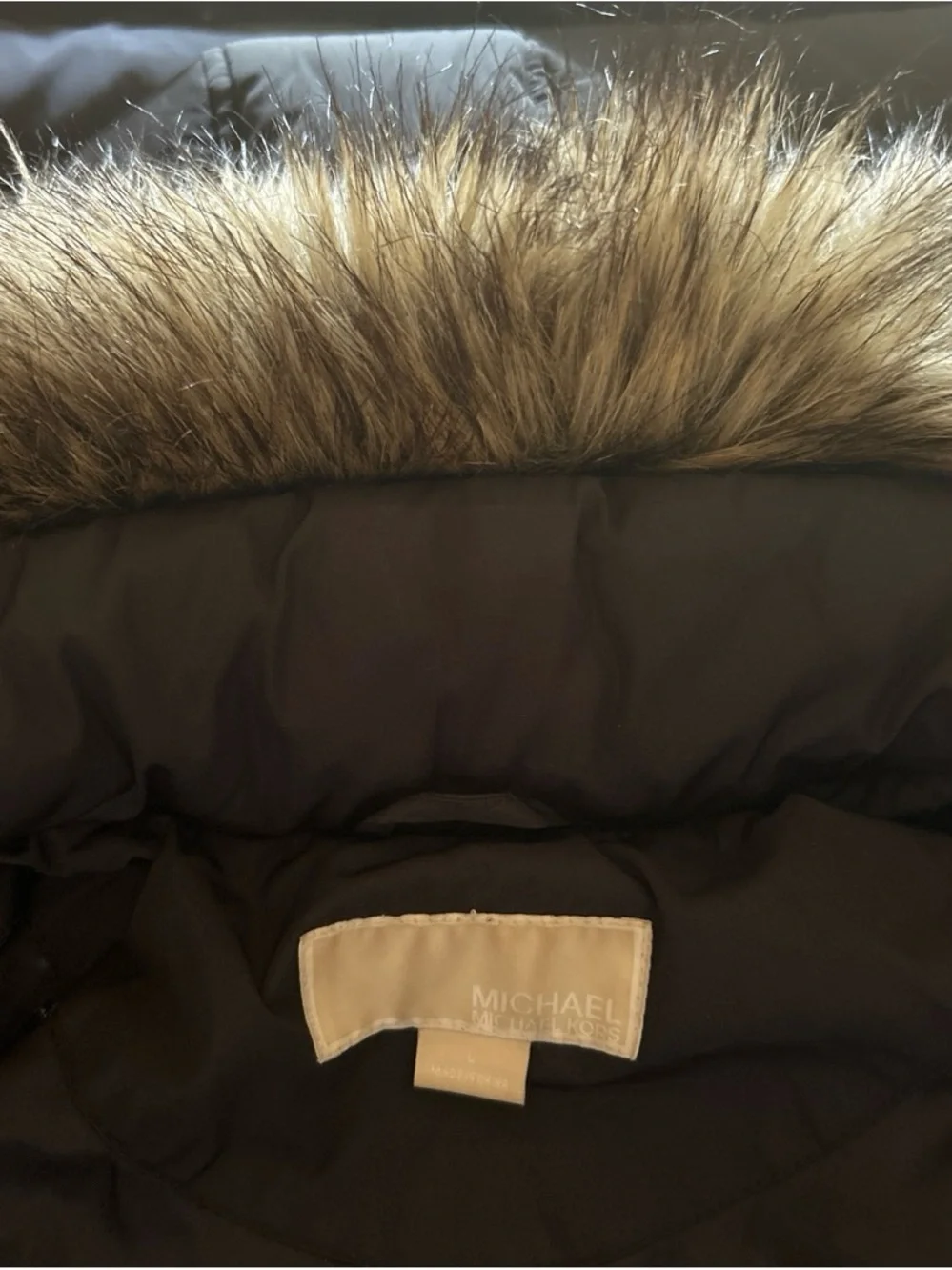 Michael Kors Long Down Puffer Coat-Faux Fur Detachable Hood-Belted, Black Size L